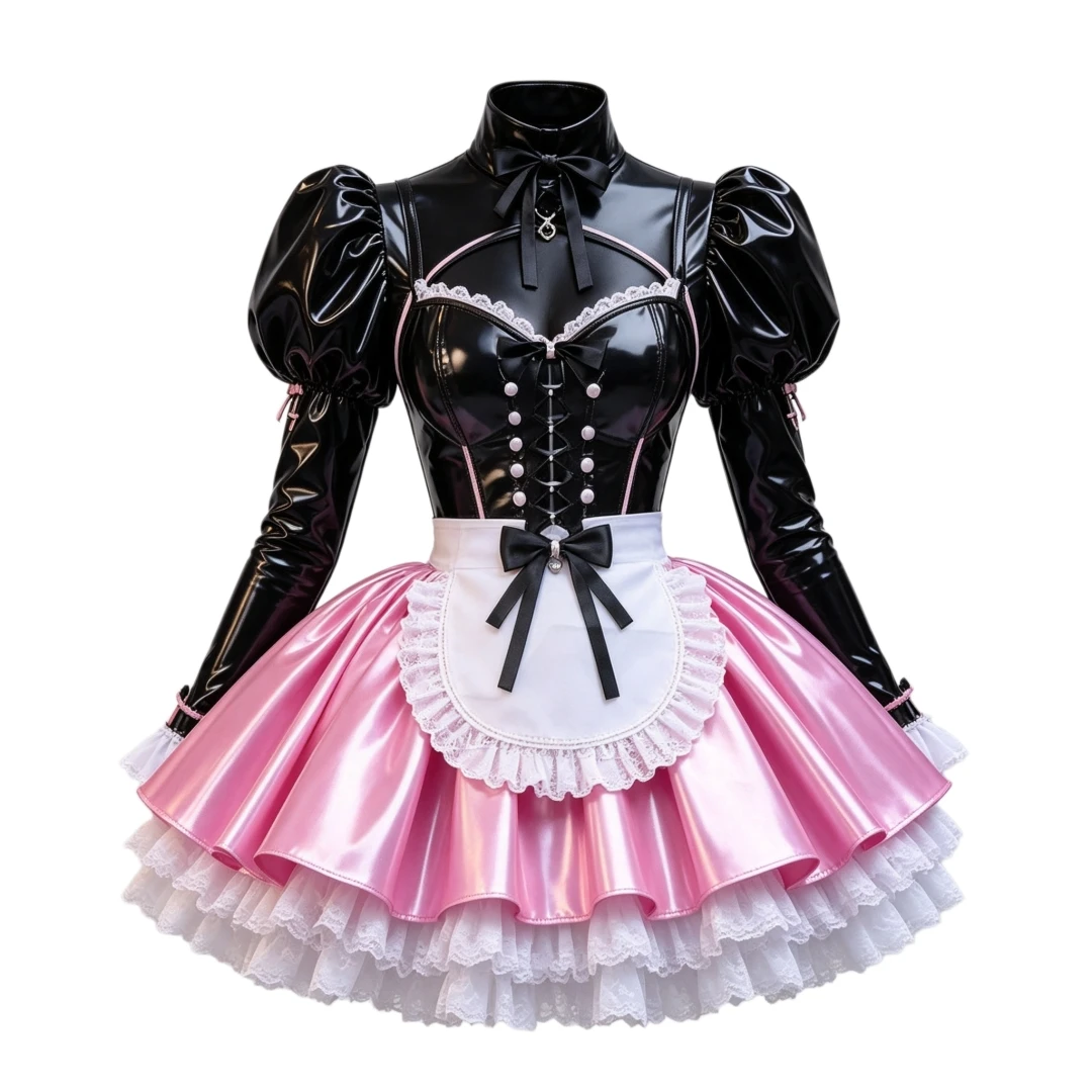 Glossy Black Pink PVC Mini Short Prom Dress Maid Cosplay Party Costume Puff Long Sleeve Keyhole High Collar Customized