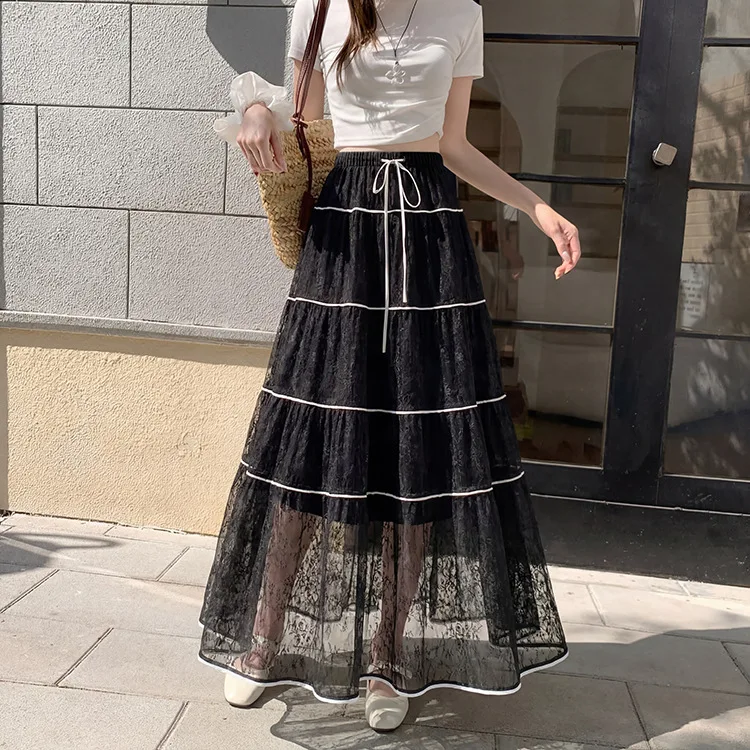 French Beige Lace Tiered Midi Skirt Women Elastic Drawstring Waist Contrast Line Cake Skirt Sweet Casual Summer Vacation Bottom