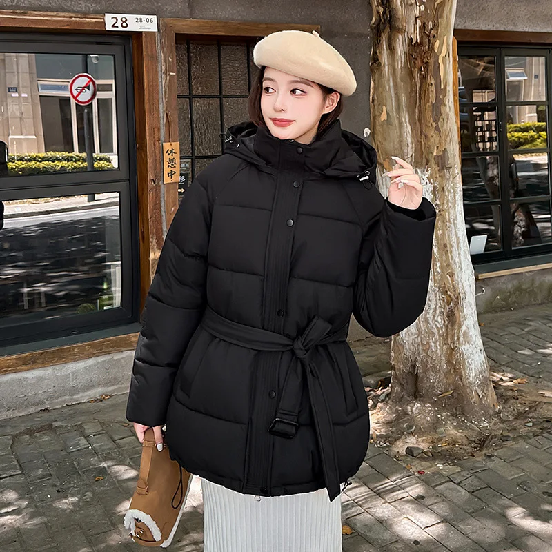 

Женская осенняя стеганая куртка на шнурке, парка средней длины с капюшоном и контурной талией для женщин, минималистичная женская стеганая куртка