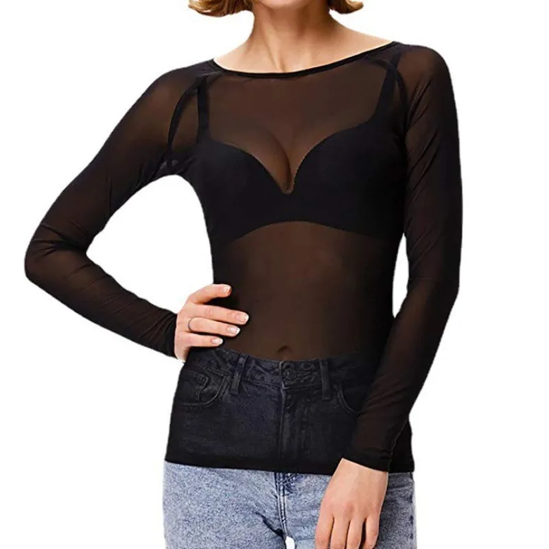 New Mesh Women Long Sleeve Sheer Thin Top Ultra Stretch Mesh Shirt Layering Top Inner Breathable Summer Versatile