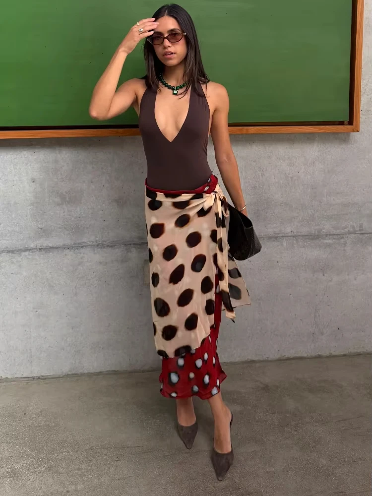 High Waist Wrap Tie Midi Skirt Contrast Leopard Print Flowy Irregular Hem Chiffon Skirts 2026 Summer Elegant Vacation Chic Wear