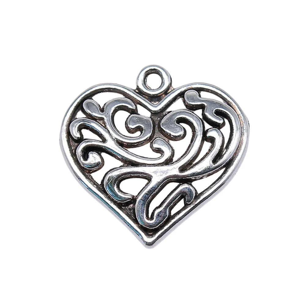 10pcs/lot 21x21mm Carved Flower Heart Charms For Jewelry Making Antique Silver Color 0.83x0.83inch