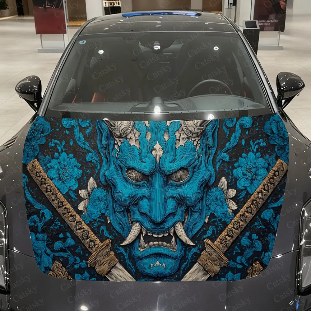 

Cyan-Gold Hannya Mask Car Vinyl Wrap, PVC Waterproof Car Hood Sticker, Self-Adhesive Scratch-Resistant Stickers