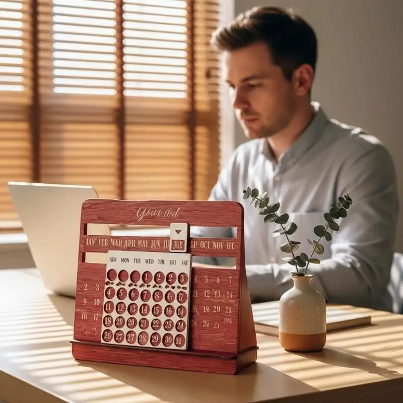 Wooden Perpetual Calendar Durable Solid Wood Year-Round Display Desk Calendar for Office Decor Ideal Gift for Colleagues Friend