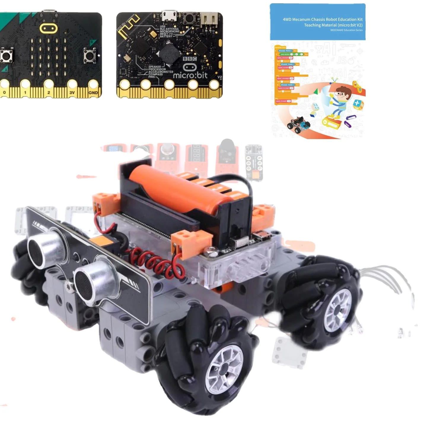 4WD Mecanum Chassis Robot Kit for Microbit/mPython Obstacle Avoidance 18650 Battery Powered Smart STEM Education for Kids