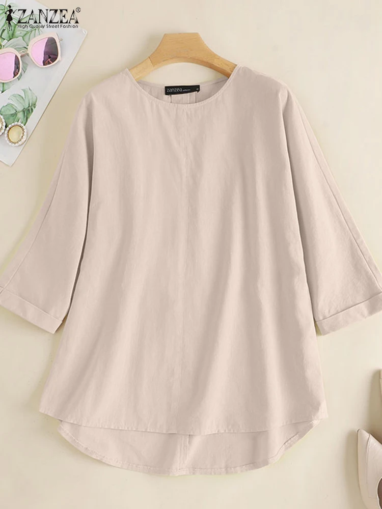 ZANZEA Autumn Women Elegant Solid Shirt Female Party Blusas Chemise O Neck 3/4 Sleeve Casual Loose Blouse Oversize Tunic Tops