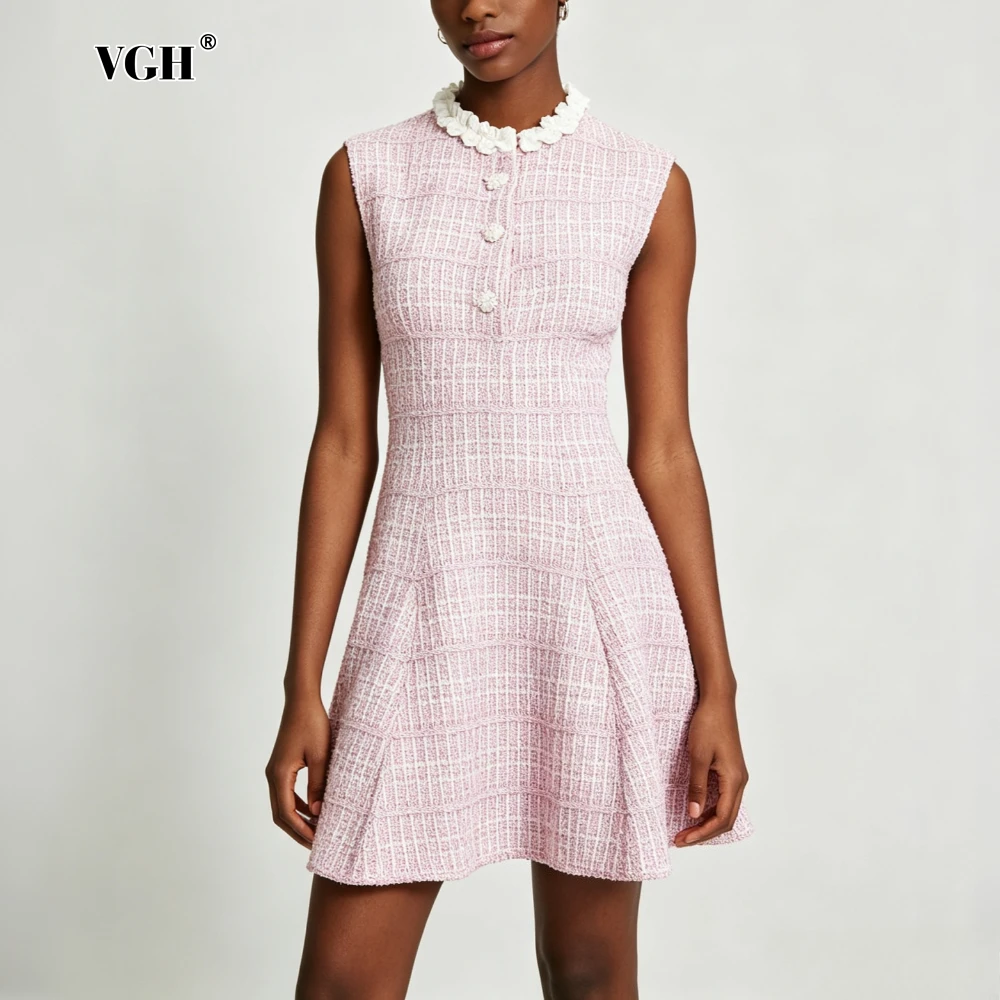 VGH Gentle Fungus Mini Women Dresses Round Neck Sleeveless Buttons Elegant Fit Dress for Cocktail Party Occasions Summer Fashion