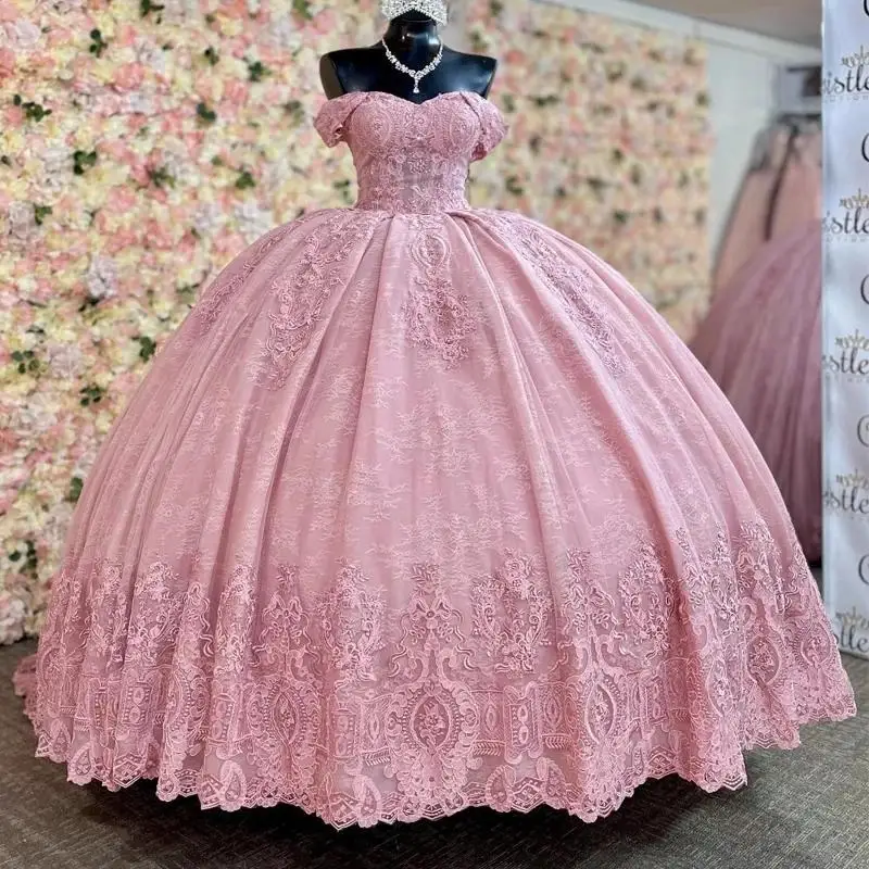 Różowa suknia balowa Sweetheart Princess aplikacja koronkowa tiulowa sukienka na quinceanera słodka 15 16. sukienka na przyjęcie urodzinowe Robe De Ball