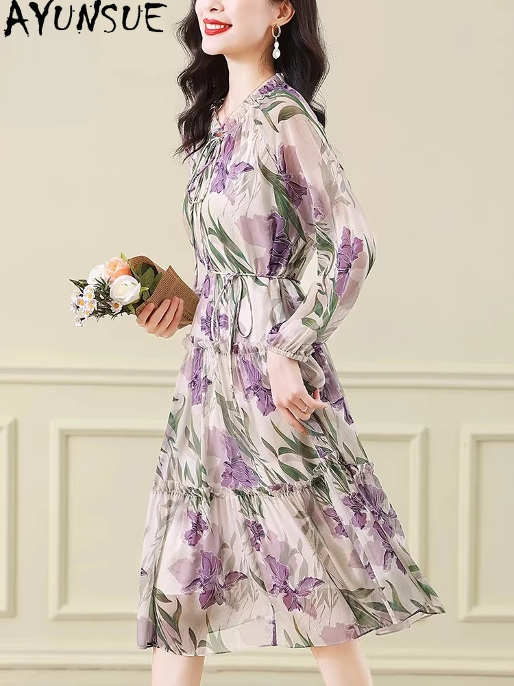AYUNSUE High-end 100% Mulberry Silk Womens Dresses Summer Clothes Long Dresses Elegant Dress for Women Print Vestidos De Mujer