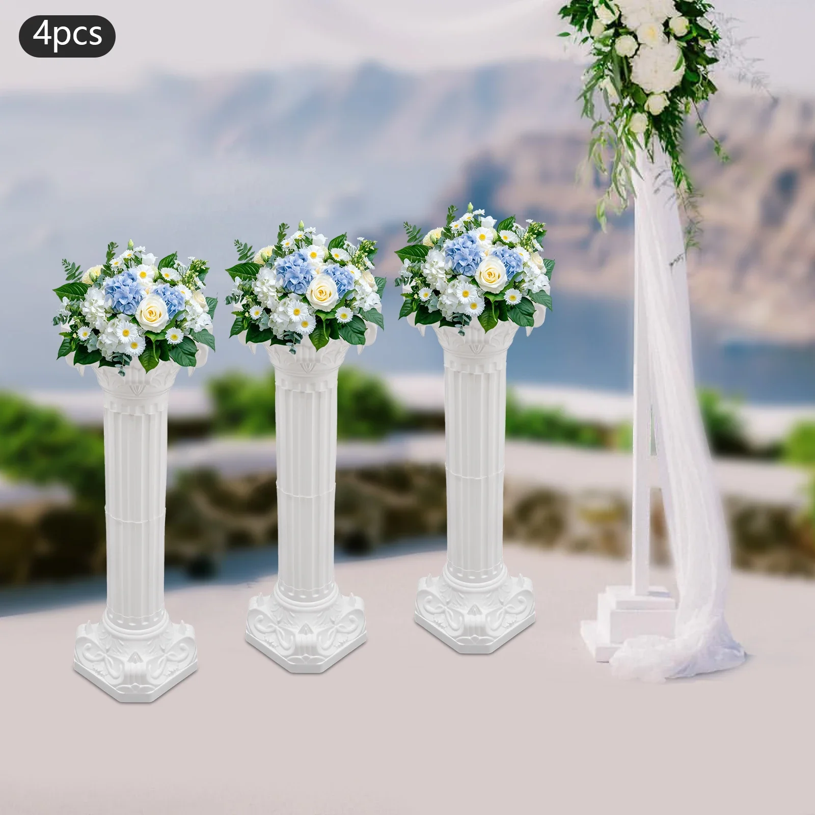 Set of 4 White Hollow Roman Columns, Wedding Pillar Flower Stands for Wedding, Party & Event Aisle Decoration