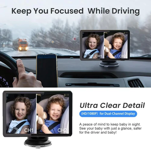 Imagen 2 del producto Monitor de bebé para coche con doble lente 1080P, 3 métodos de instalación, visible en el asiento trasero, lente ajustable, pantalla IPS de 5 pulgadas