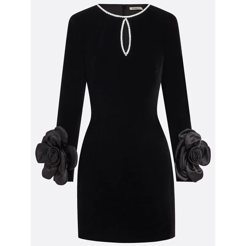 ティナ ブラックベルベットミニドレス 春2026 ホローダイヤモンドトリム 3Dフラワー ジッパーバック 長袖 イブニングパーティードレス 196973