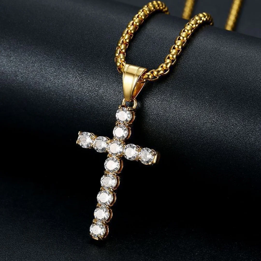 Luxury Iced Out Full Zirconia Small Cross Pendant Gold Silver Color Stainless Steel Tennis Necklace for Woman Religious Jewelry