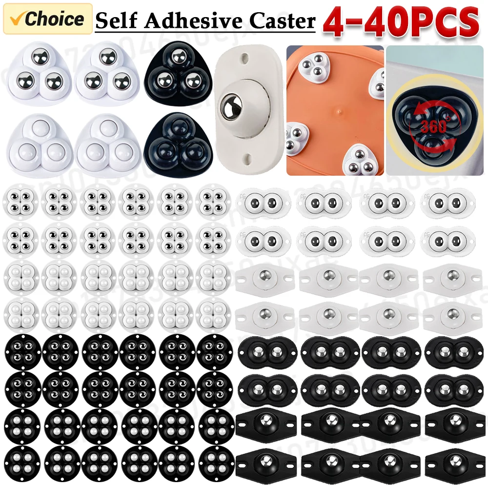 4-40pcs Self Adhesive Caster Mini Swivel Wheels Stainless Steel Universal 360 Degree Rotation Pulley for Furniture Storage Box