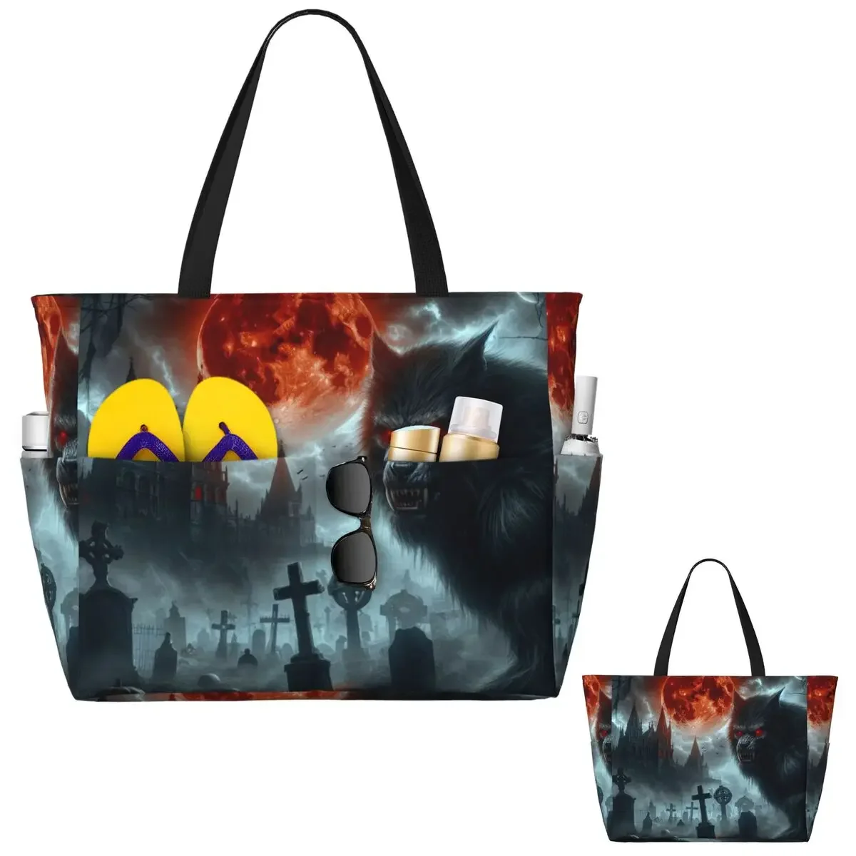 Werewolf With Red Eyes And Red Moon Halloween Pumpkin Beach Tote Bag Sport Gym Yoga Large Tote Bag Women Travel Bag Fitness bag