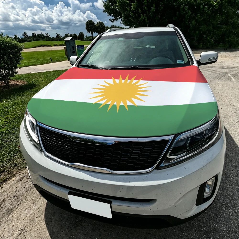 3.8x5.3ft Kurdistan Car Hood Cover Flag Kurds Car Bonnet Banner Elastic Fabrics Windproof Patriotic Automotive Hood Covers