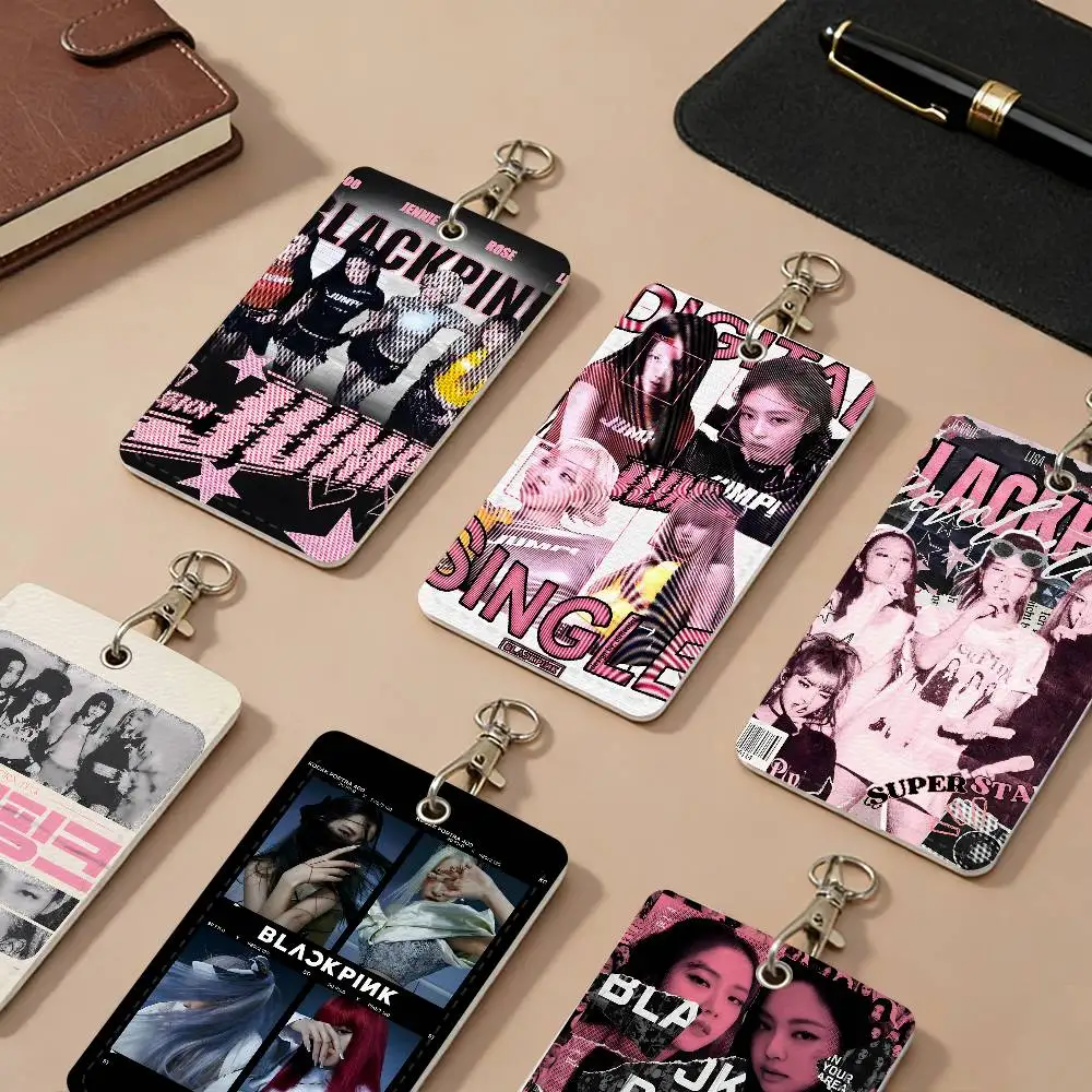 B-Black Kpop Group P-Pinks Gril Kartenhalter aus PU-Leder, Anti-Verlust-Schutzhüllen, Campus-Zugangskarten, Schlüsselanhänger