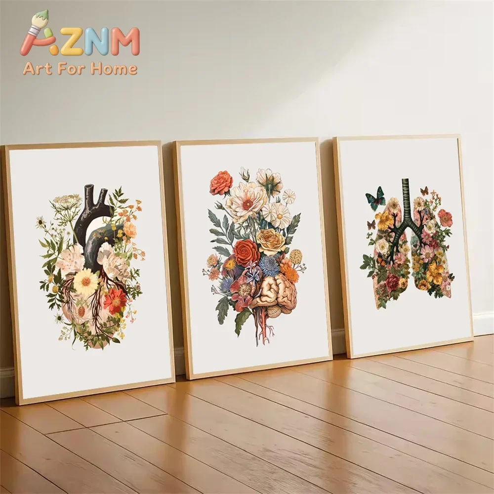 AZNM Floral Human Anatomy Canvas Wall Art Heart Lung Brain Vintage Botanical Medical Art Print Unframed Canvas Poster for Home D