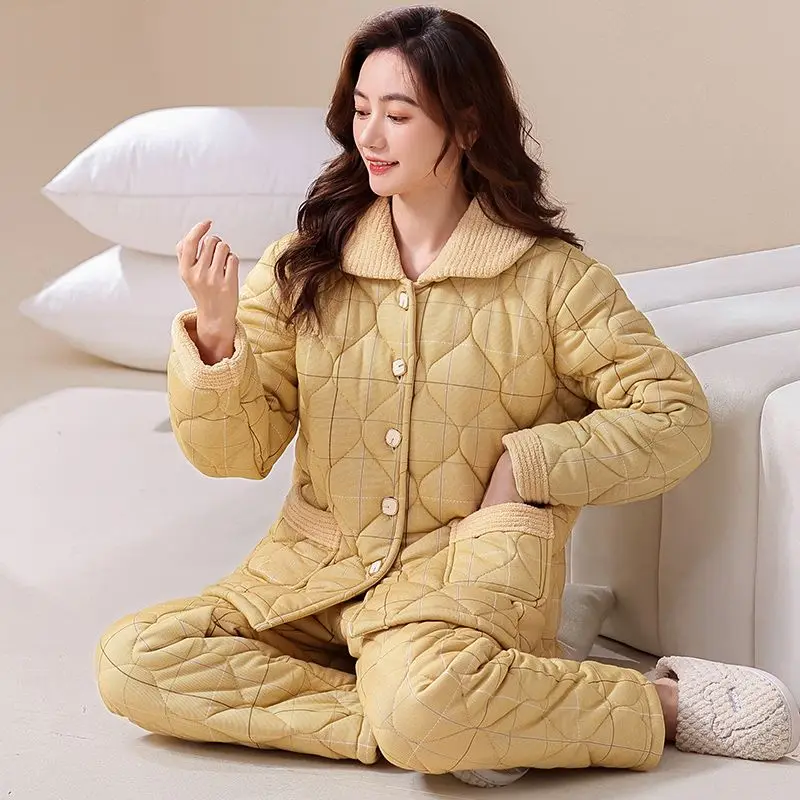 Pajamas Women's Winter Women's Three-layer Padded Jacket Pure Cotton Piled Thickened Can Be Worn Outside Loungewear Autumn