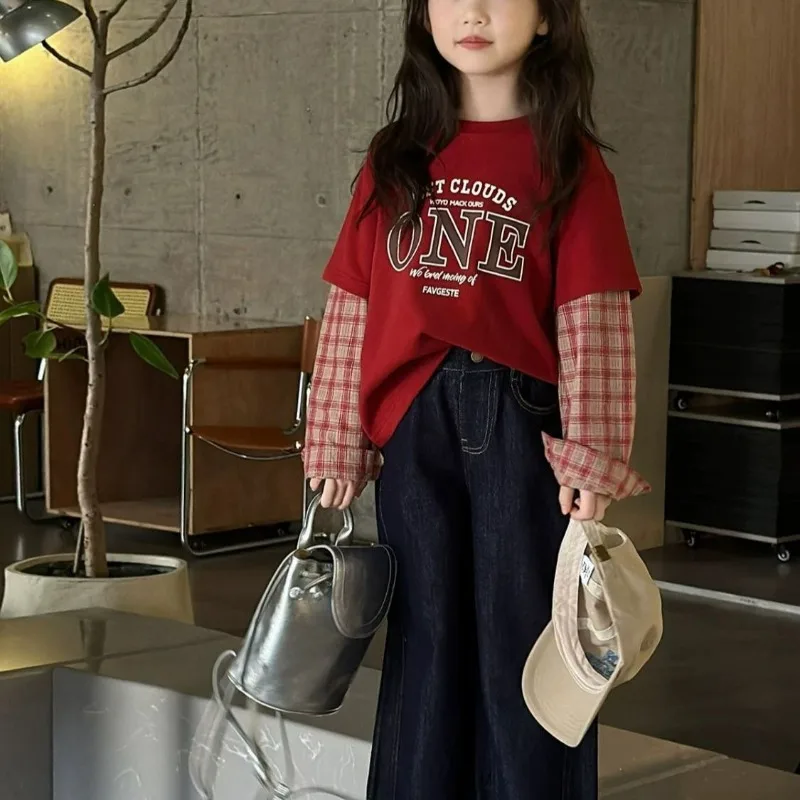 Fake Two Piece Round Neck Girls' Spring Autumn Clothes Elementary Girl 4 Years School Student Woman 2025 Children's Clothing Top