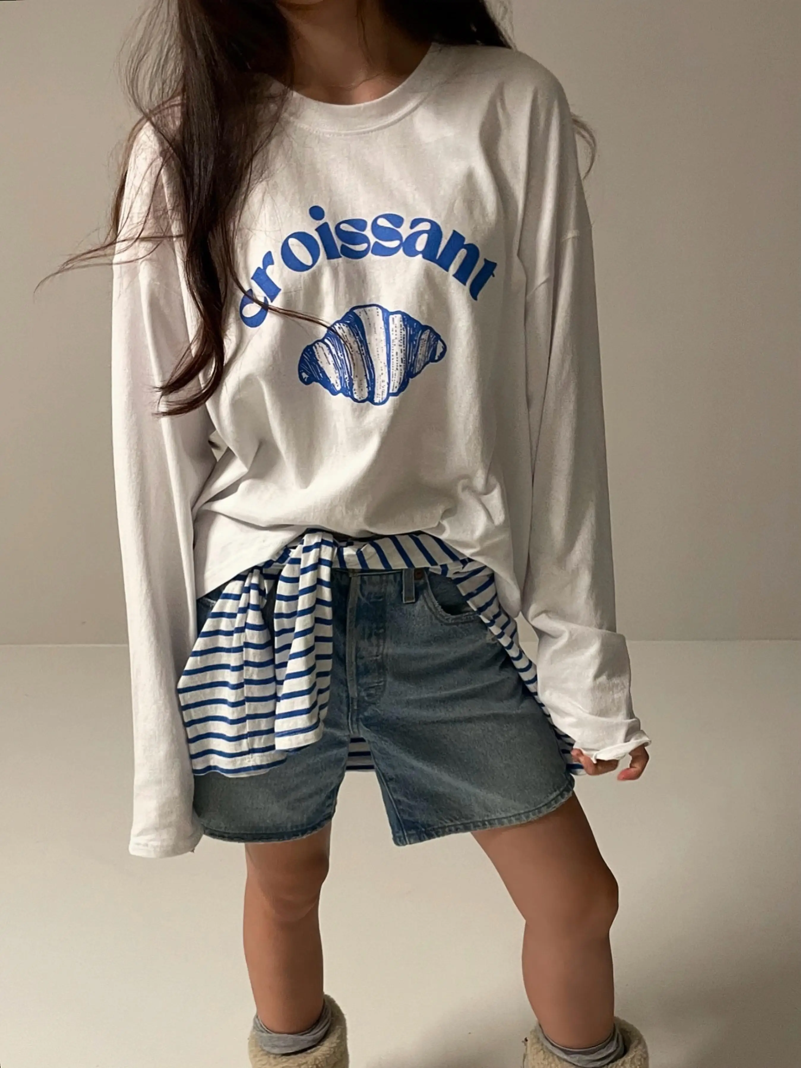 Sakura Model Korean Style Long Sleeve Cotton T-Shirt Loose Women's Fashion Print Casual Spring Autumn Top Ladies Tee