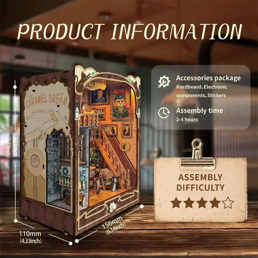 Caramel Dreams Bookshelf Home Bookend Decoration Retro DIY Wooden Book Nook Figurines Miniature Kits For Adult Handmade Gifts
