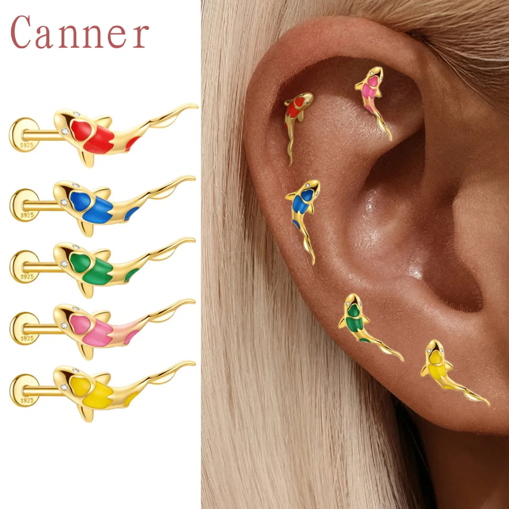 Canner 925 Sterling Silver Koi Fish Stud Earring for Women Flat Back Stud Earrings for Helix Tragus Daith Piercings S925 Earring