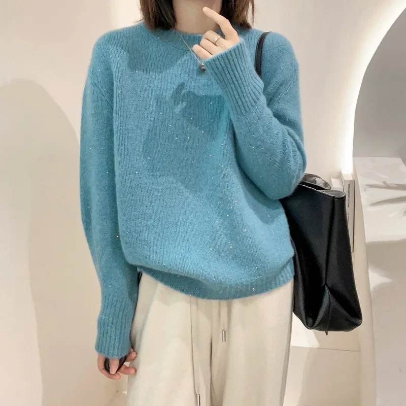 

Women's Loose Knitted Base Shirt 2024 Soft Waxy Fashionable All-match Round Neck Long Sleeve Autumn Winter New Sweater Coat Top