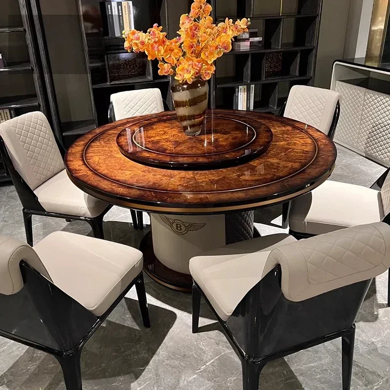 Light luxury solid wood round dining table dining chair combination modern villa high-end dining table one table and six chairs