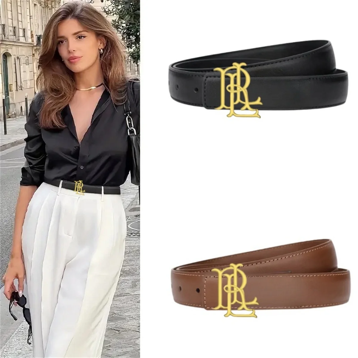 Cinturón Elegante de Cuero PU Delgado para Mujer 2026, Cinturón de Lujo Marrón y Negro con Hebilla Dorada para Uso Casual y Formal