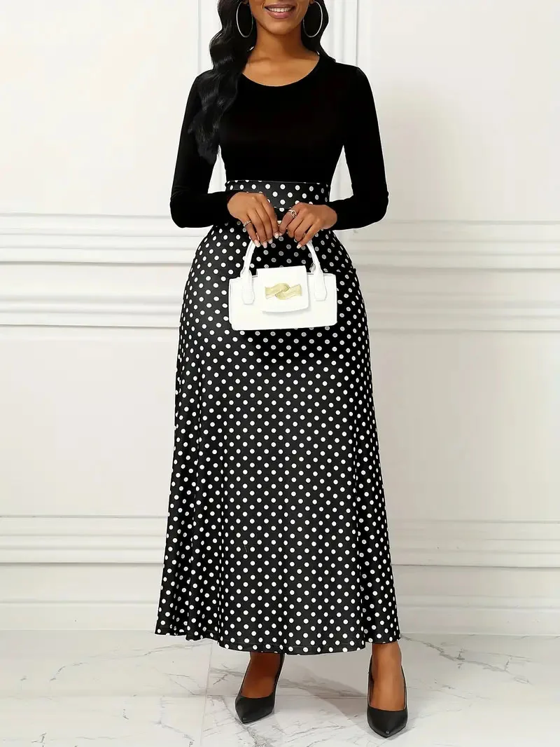 All-season Comfort Polka Dot Maxi Dress - High Waist Elegance, Fit & Flare Style, Durable Knit