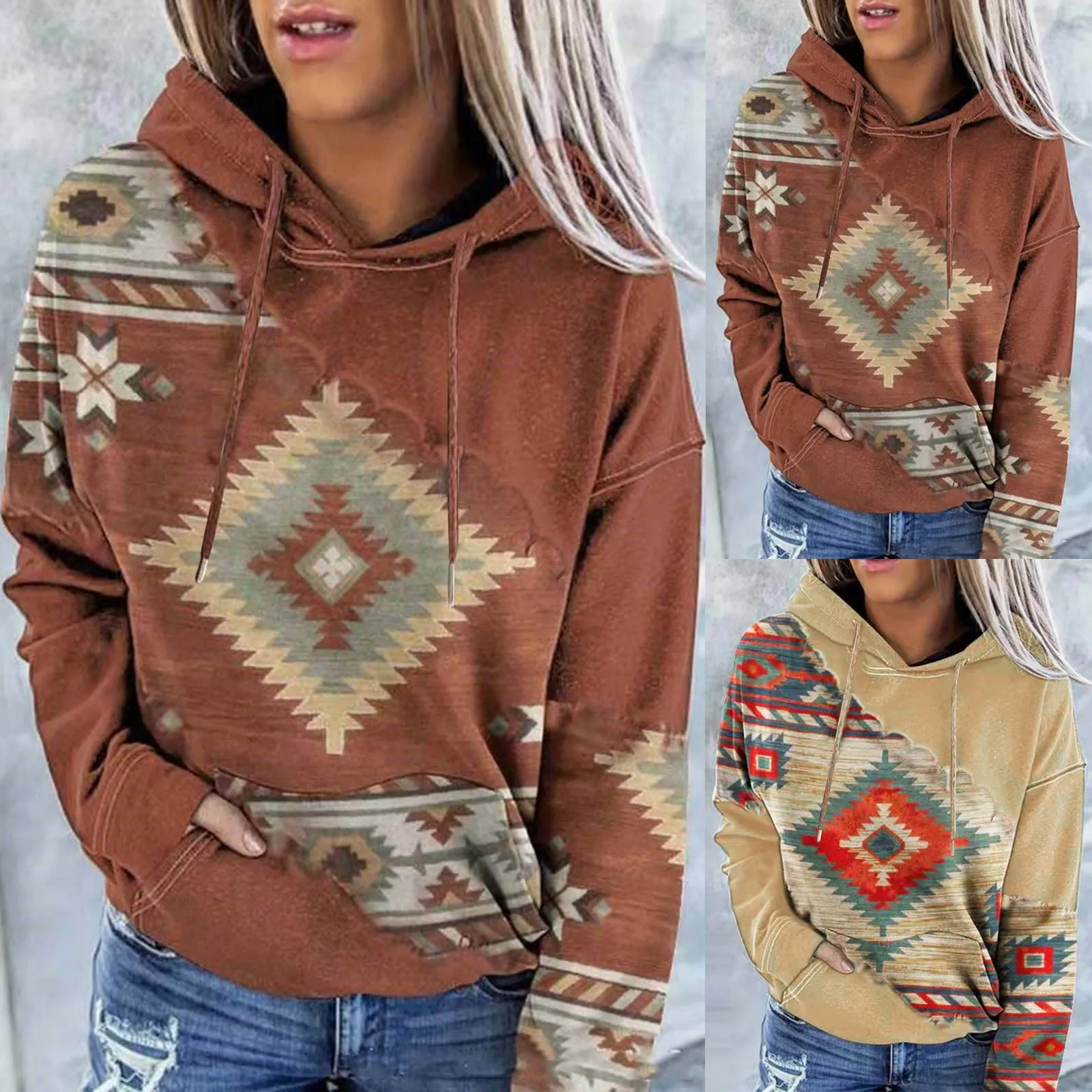 Women’s Hooded Pullover Western Ethnic Style Print Casual Geometric Horse Print Long Sleeve Drawstring Sweatshirt Tops