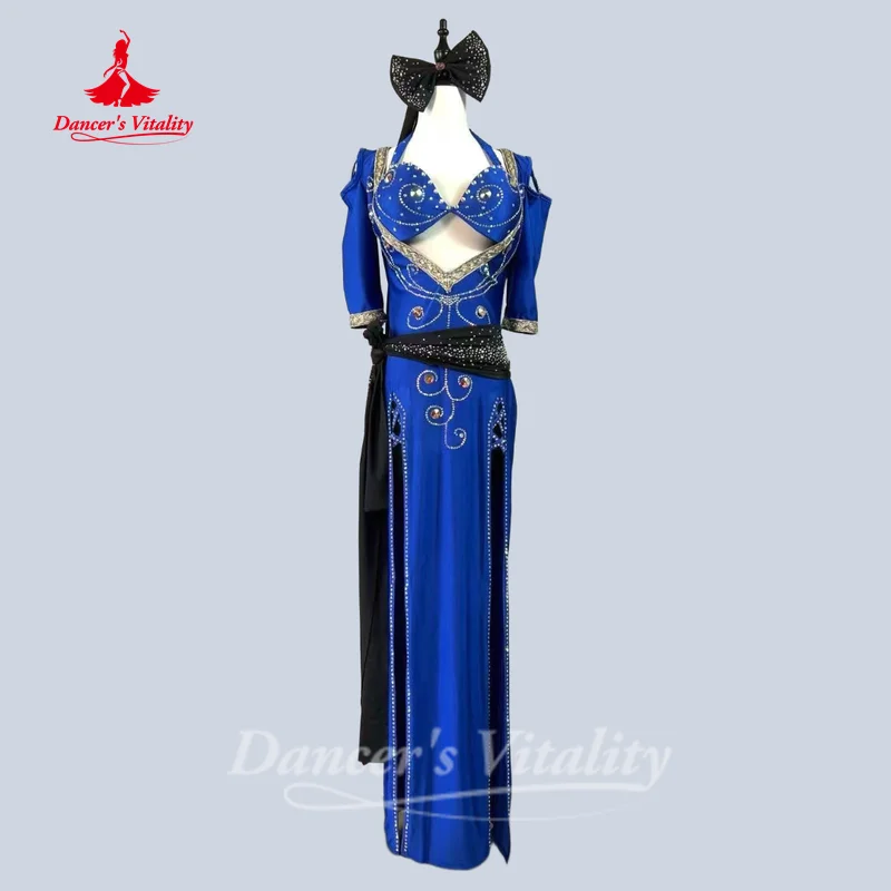زي الراقصة الشرقية للنساء حمالة صدر مخصصة من أحجار AB + وشاح الرأس + وشاح الورك + رداء 4 قطعة ملابس مسابقة Saidi Shabbi Baladi
