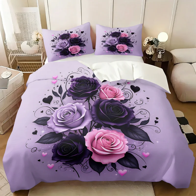 Purple Black Pink Rose Heart Duvet Cover Set Gothic Floral Print Bedding Comforter Romantic Aesthetic Girls Bedroom All Bed Size