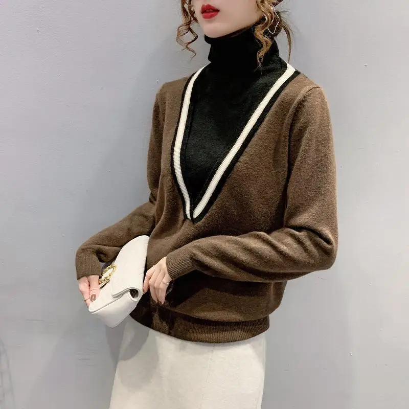 Sweter Rajutan Dasar Kerah Tinggi Perca Warna Kontras Elegan Korea Jumper Pullover Lengan Panjang Ramping Musim Gugur Musim Dingin Wanita