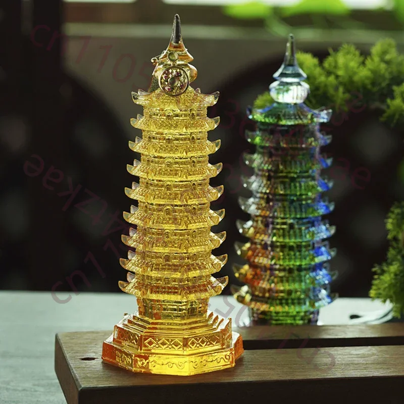 9 Layer Crystal Glass Liuli WenChang Pagoda Desk Ornament, Study Exam Must Pass Gift for Students, Desktop Feng Shui Decor