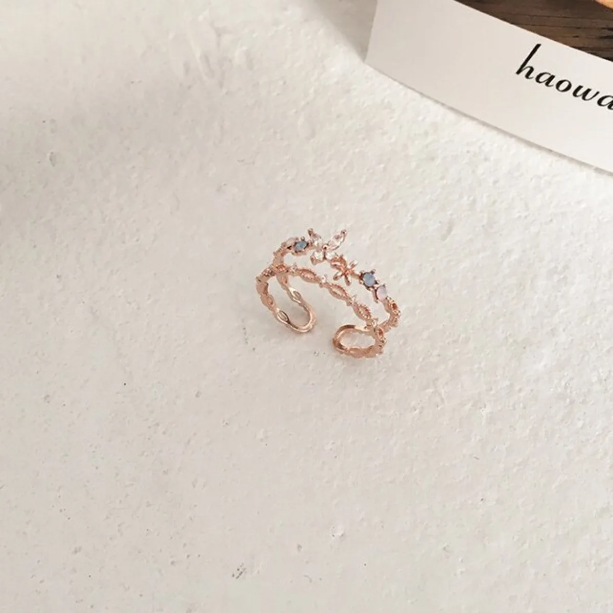 خاتم الزركون على شكل فراشة قابل للتعديل، خواتم من الفولاذ المقاوم للصدأ بطبقة مزدوجة مجوهرات لطيفة باللون الذهبي الوردي للنساء، فكرة هدية أفضل صديق