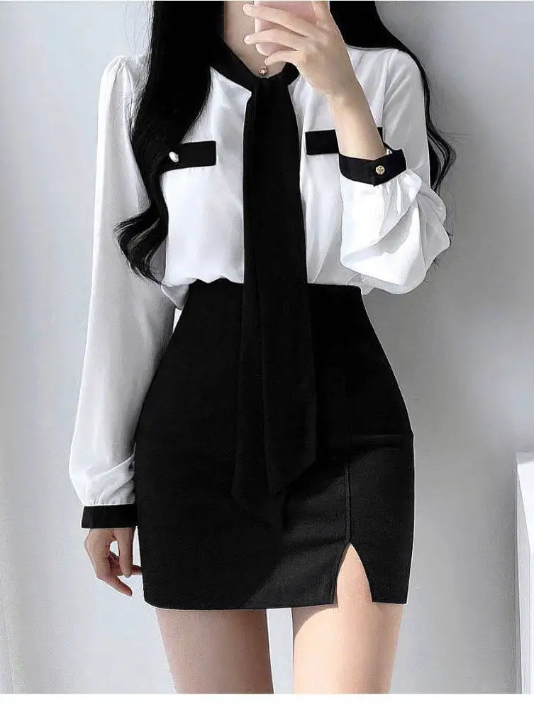 

High Waist Elastic Black Asymmetrical Slit Skirt Bodycon Workwear Foot Massage Front Desk Office Short Skirt