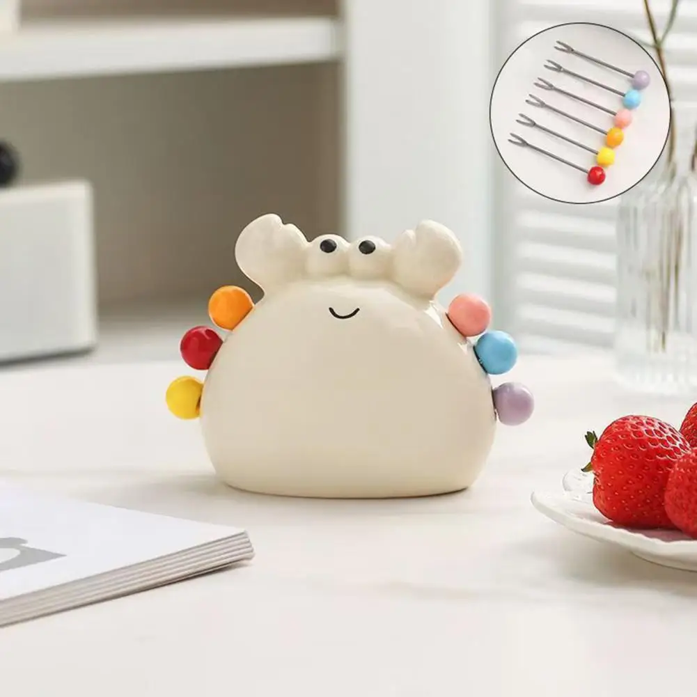 Juego de tenedores de cerámica duraderos para cocina con tarro de almacenamiento de cerámica en forma de cangrejo, tenedores de acero inoxidable para postre y ensalada, bonitos para el hogar