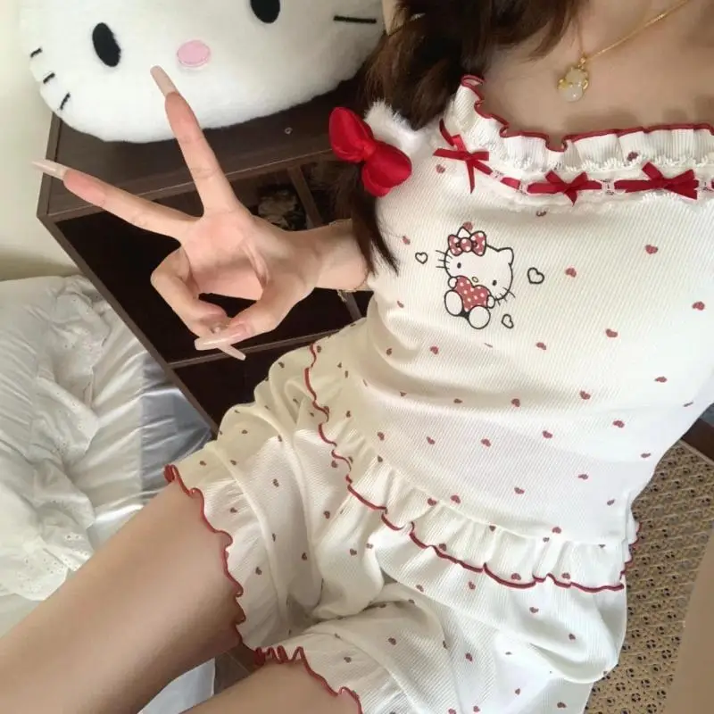 

Пижамный комплект Hello Kitty Y2K Miniso, женская милая одежда для сна, майка без рукавов с героями мультфильмов, шорты, домашняя летняя уютная одежда для дома, подарок для девочек