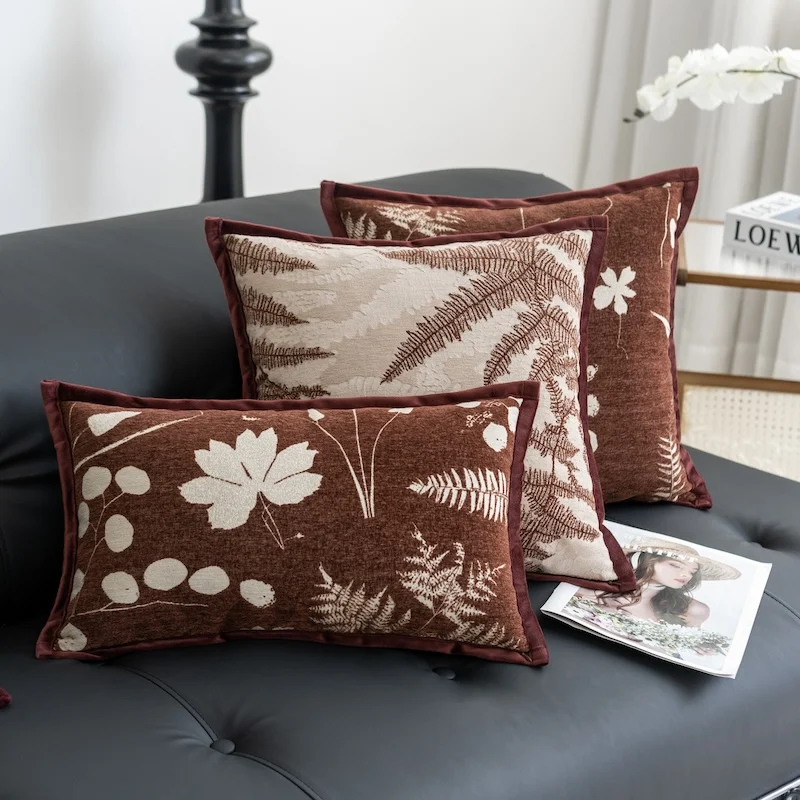 Burgundy Color Pillows Country Style Leaf Cushion Case Luxury Square Retro Decorative Pillow Cover For Sofa Chair Home Decoratio