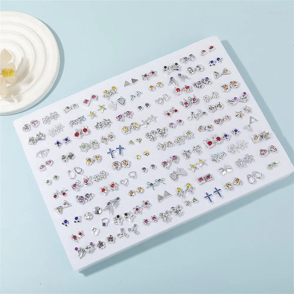 100Pairs/SET Silver Color Bowknot Flower Star Small Stud Earrings Set Plastic Random Style Stud Earrings For Women Jewelry Gifts