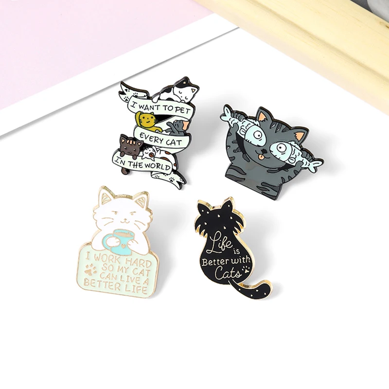 Cute Cat Crow Raven Rabbit Enamel Pins Live is better with cats Banners Letter skull Bird Moon Flowers Brooches Badge Jewelry