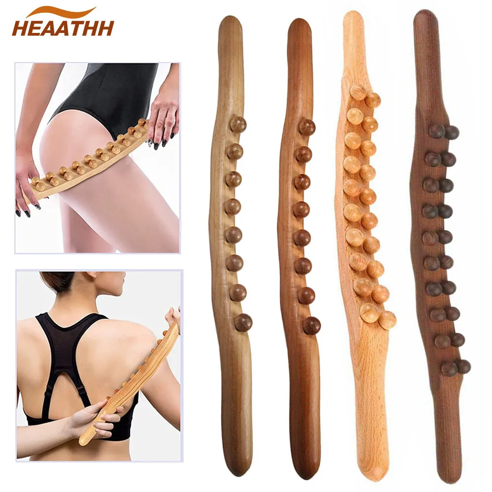 Wooden Gua Sha Massage Stick Legs Back Neck Massager with Wood Bead Lymphatic Drainage Muscle Scraping Relax Trigger Point Tool