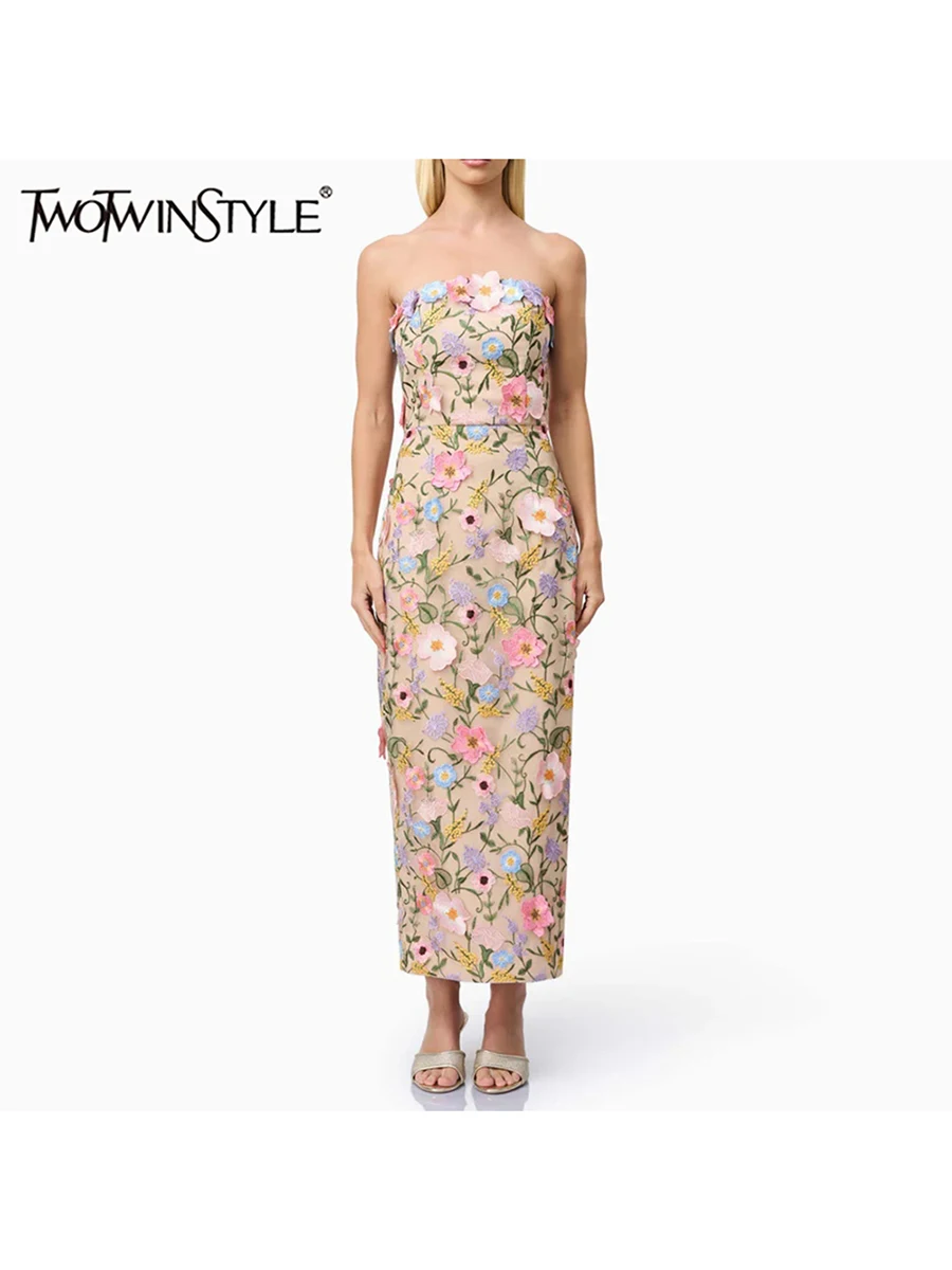 TWOTWINSTYLE Hit Color Spliced Appliques Slimming Dresses For Women Strapless Sleeveless High Waist Temperament Dress Female New
