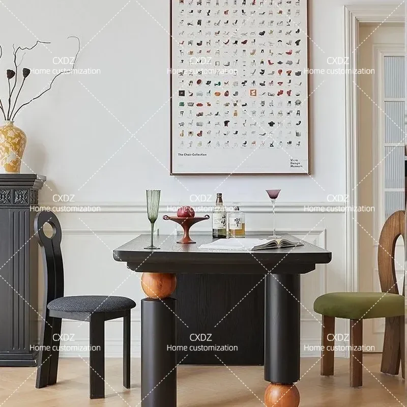 Antique Solid Wood Dining Table Simple Black Rectangular Creative Round Restaurant Furniture