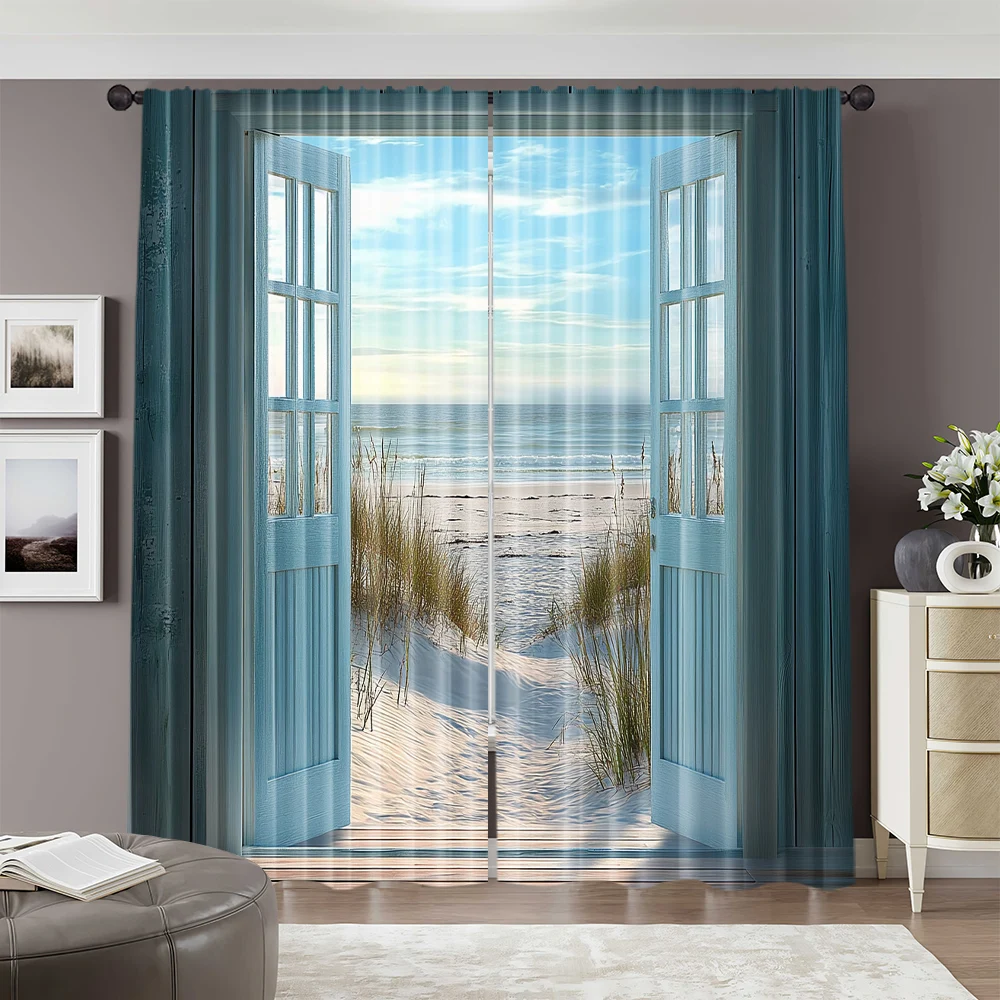 2pcs, 2D flat printing Window Drapes Beach View Through Open Door Light Filter Festive Wall Decor Suitable for Multipurpose