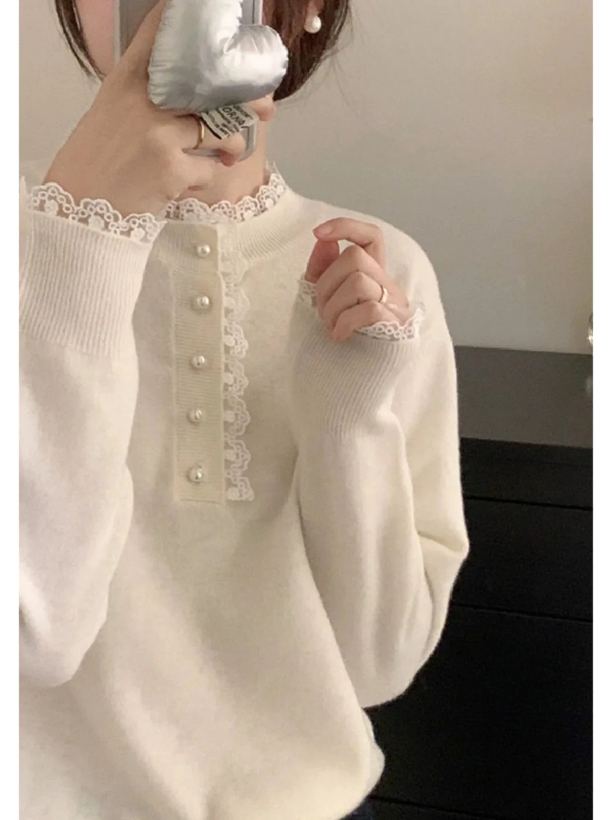 

Корейский вязаный свитер с кружевом, женский осенне-зимний круглый утягивающий базовый свитер, внутренняя одежда, удобная атмосфера