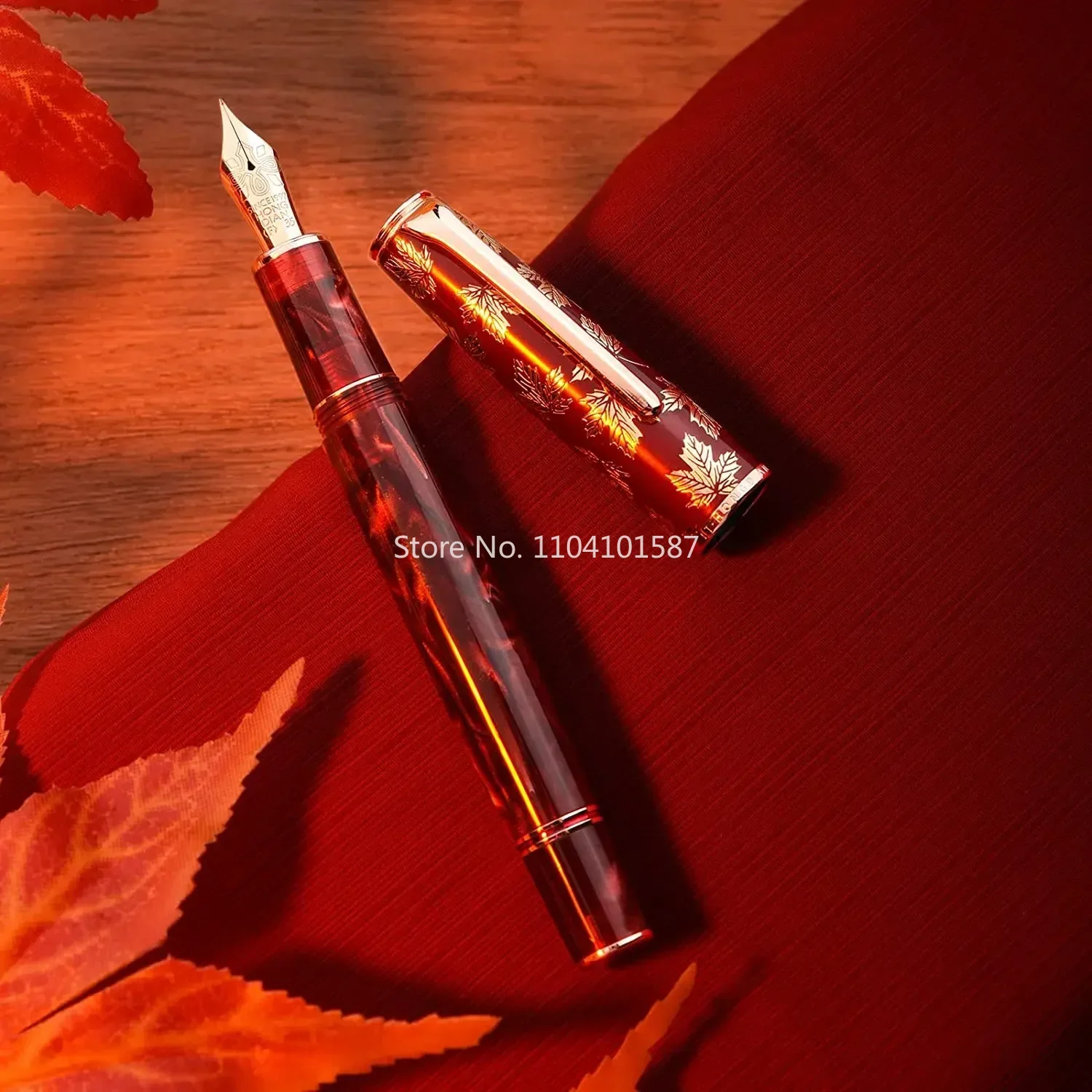 Hongdian N8 Red Acrylic Resin Fountain Pen EF/F/M//Long Knife Nib Maple Leaf Carving Cap, Rose Gold Trim Writing Pen &Converter