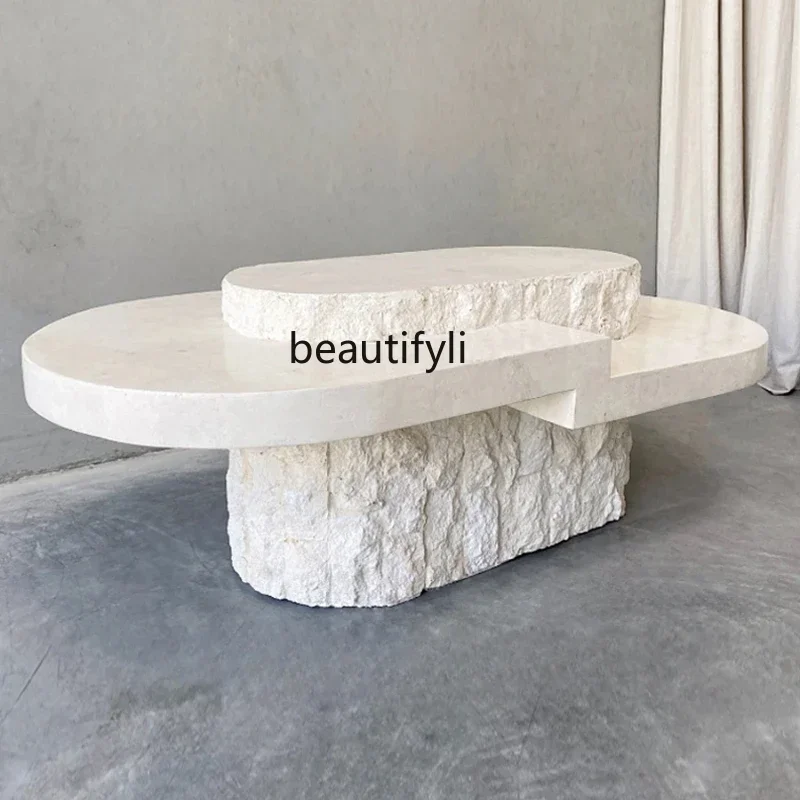 Nordic natural marble coffee table wabi sand wind travertine tea table oval creative art coffee table